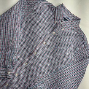 Chaps Mens Large Stretch Easy Care Button Down Shirt Red White Blue Tattersall